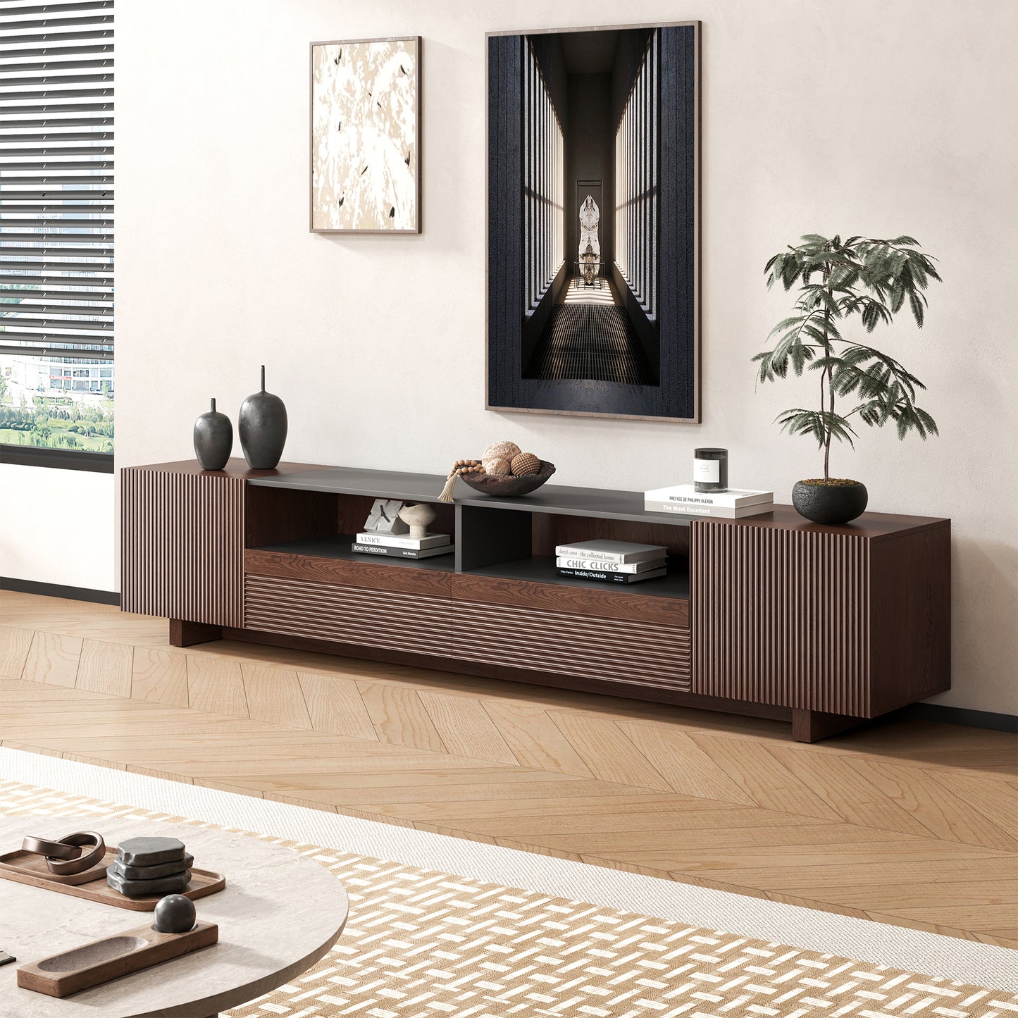 78.8 Inch TV Stand with Storage Cabinets for Living Room, TVs Media Console Entertainment Center with Drawers, Wood Fluted Television Stands with Open Shelves for Bedroom, Dark Brown Walnut