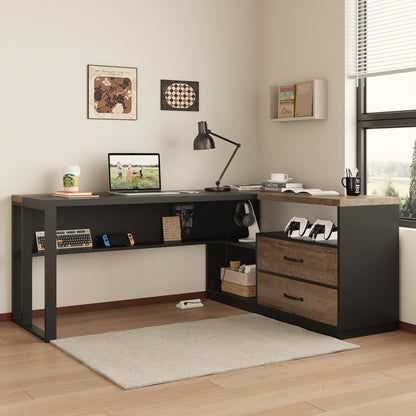 63-Inch L-Shaped Desk with Power Outlet for Home Office, Corner Office Desk with 2-Drawer and Storage Shelves, Large Computer Workstation, Farmhouse Writing Table for Study, Black Oak Brown