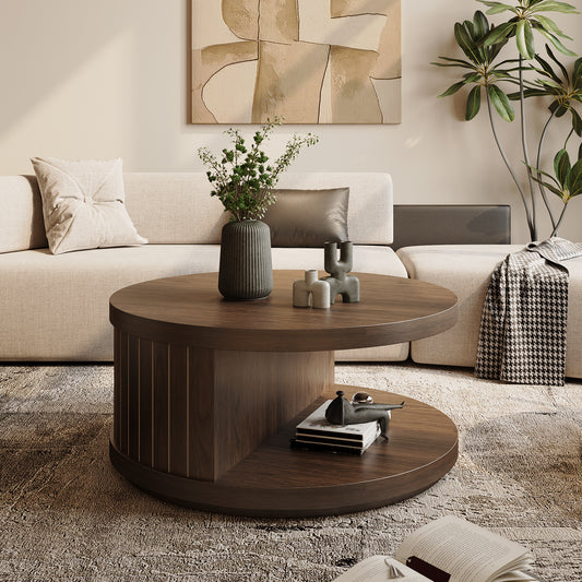 Round Wood Coffee Table with Open Storage Shelf for Living Room, 31.5-Inch Farmhouse 2-Tier Circle Center Tea Tables with Stylish Fluted Design for Apartment, Small Space, Dark Brown Walnut