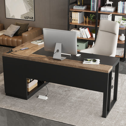 63-Inch L-Shaped Desk with Power Outlet for Home Office, Corner Office Desk with 2-Drawer and Storage Shelves, Large Computer Workstation, Farmhouse Writing Table for Study, Black Oak Brown