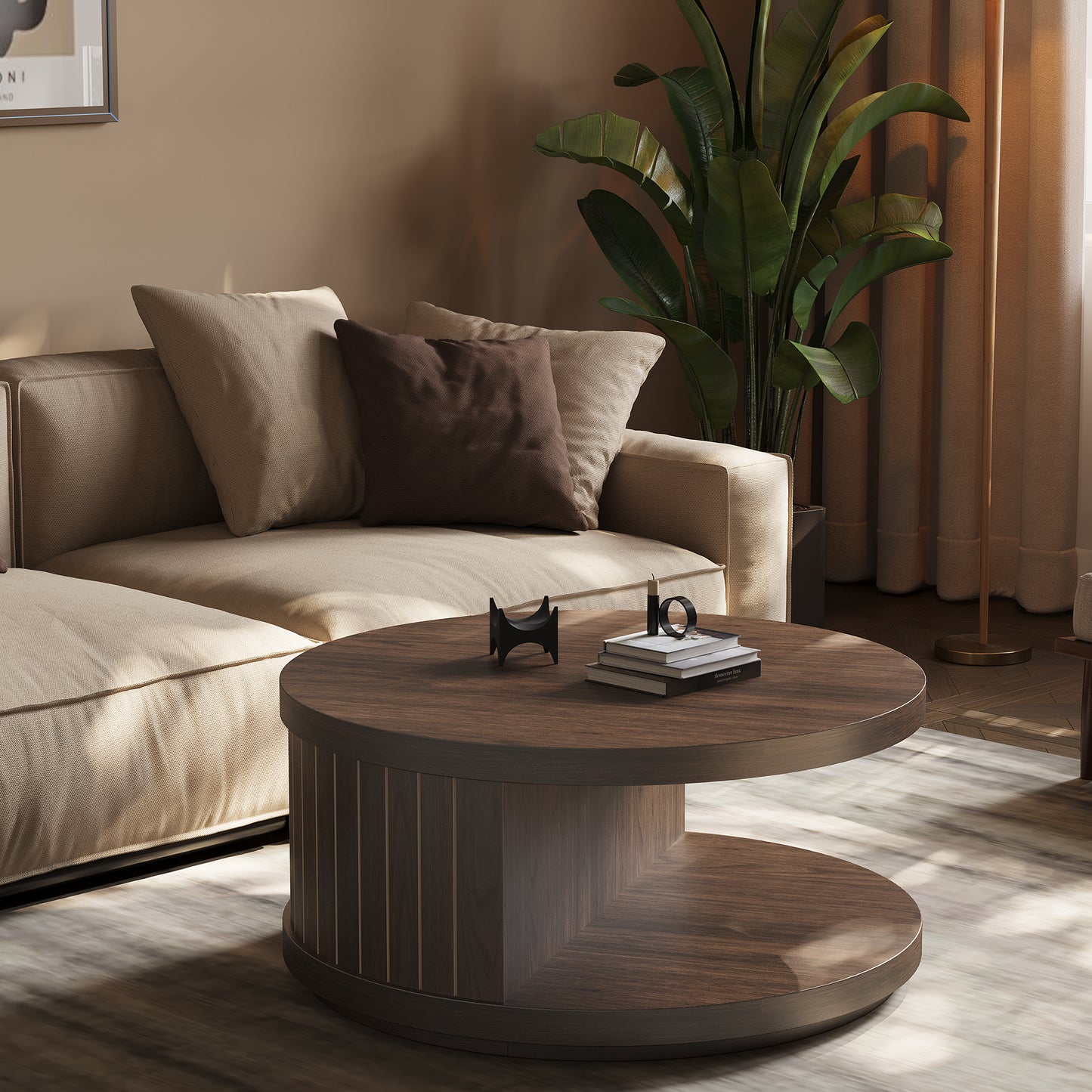 Round Wood Coffee Table with Open Storage Shelf for Living Room, 31.5-Inch Farmhouse 2-Tier Circle Center Tea Tables with Stylish Fluted Design for Apartment, Small Space, Dark Brown Walnut