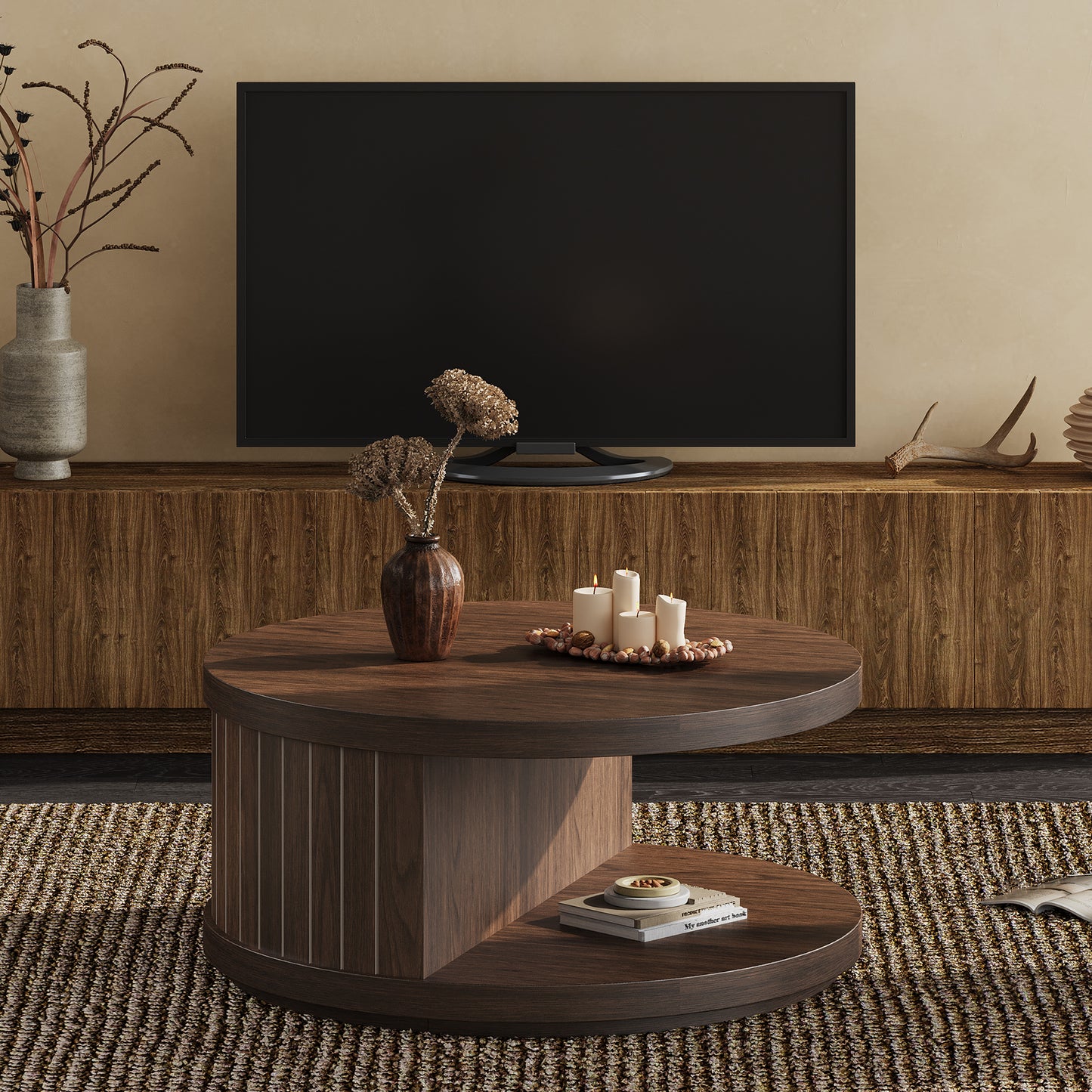 Round Wood Coffee Table with Open Storage Shelf for Living Room, 31.5-Inch Farmhouse 2-Tier Circle Center Tea Tables with Stylish Fluted Design for Apartment, Small Space, Dark Brown Walnut