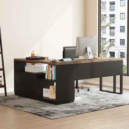 63-Inch L-Shaped Desk with Power Outlet for Home Office, Corner Office Desk with 2-Drawer and Storage Shelves, Large Computer Workstation, Farmhouse Writing Table for Study, Black Oak Brown