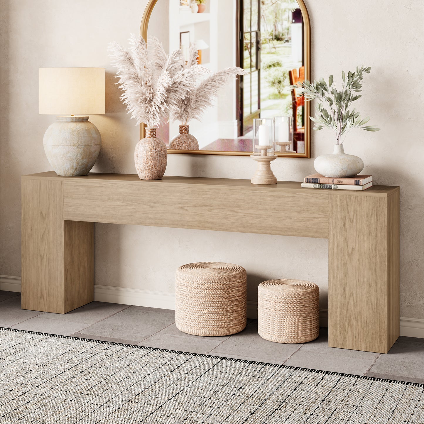 86-Inch Oak Console Table for Living Room, Farmhouse Extra Long Entryway Table, Wood Sofa Table Behind Couch for Hallway, Entry Way, Entrance, Light Oak