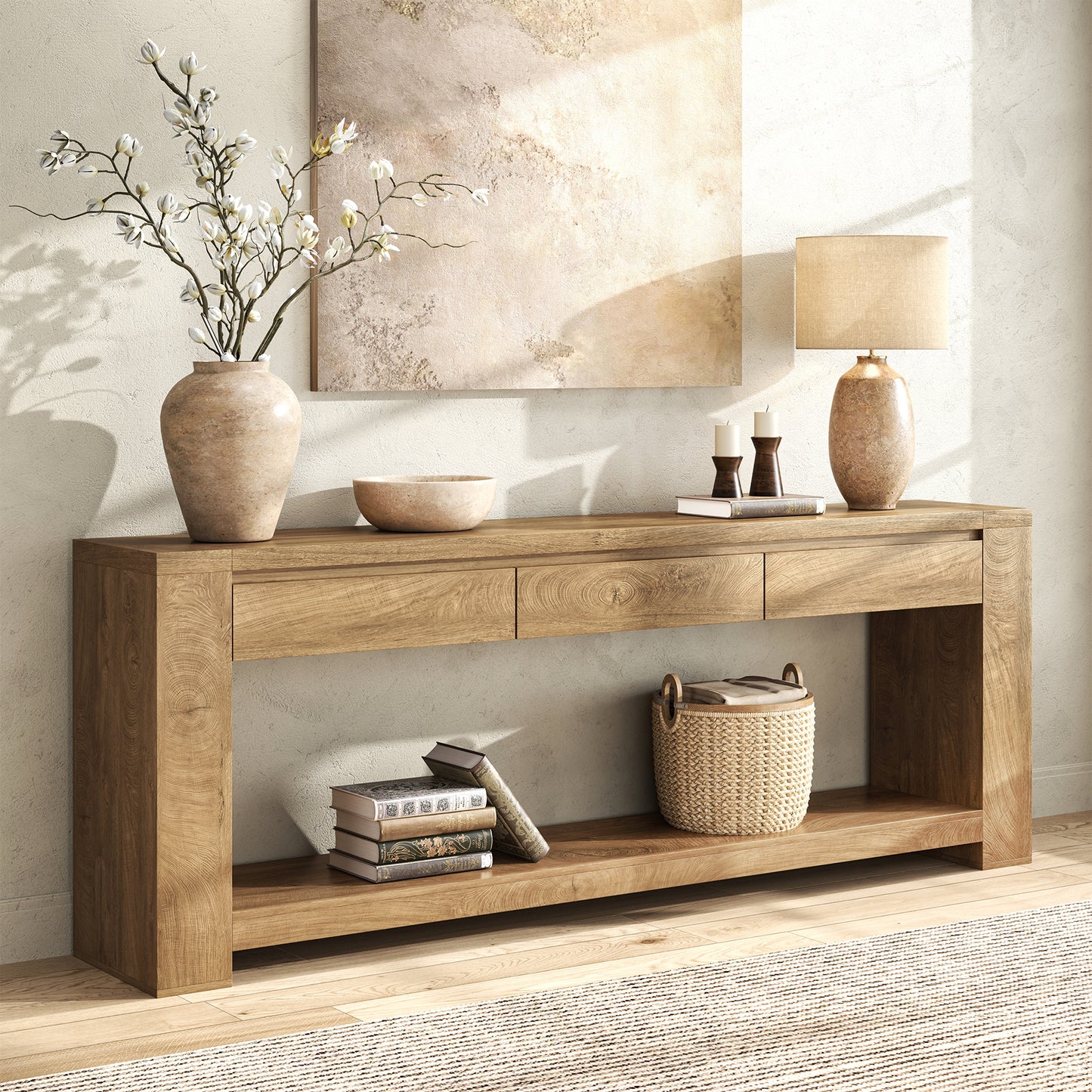 78 Inch Extra Long Console Table with Storage Drawer and Open Shelf | 3 Storage Drawers | Open Shelf | Natural Oak Brown | Farmhouse Entryway Table | Behind Sofa | Entrance, Hallway, Living Room