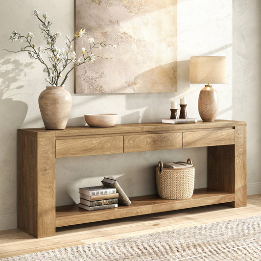 78 Inch Extra Long Console Table with Storage Drawer and Open Shelf | 3 Storage Drawers | Open Shelf | Natural Oak Brown | Farmhouse Entryway Table | Behind Sofa | Entrance, Hallway, Living Room