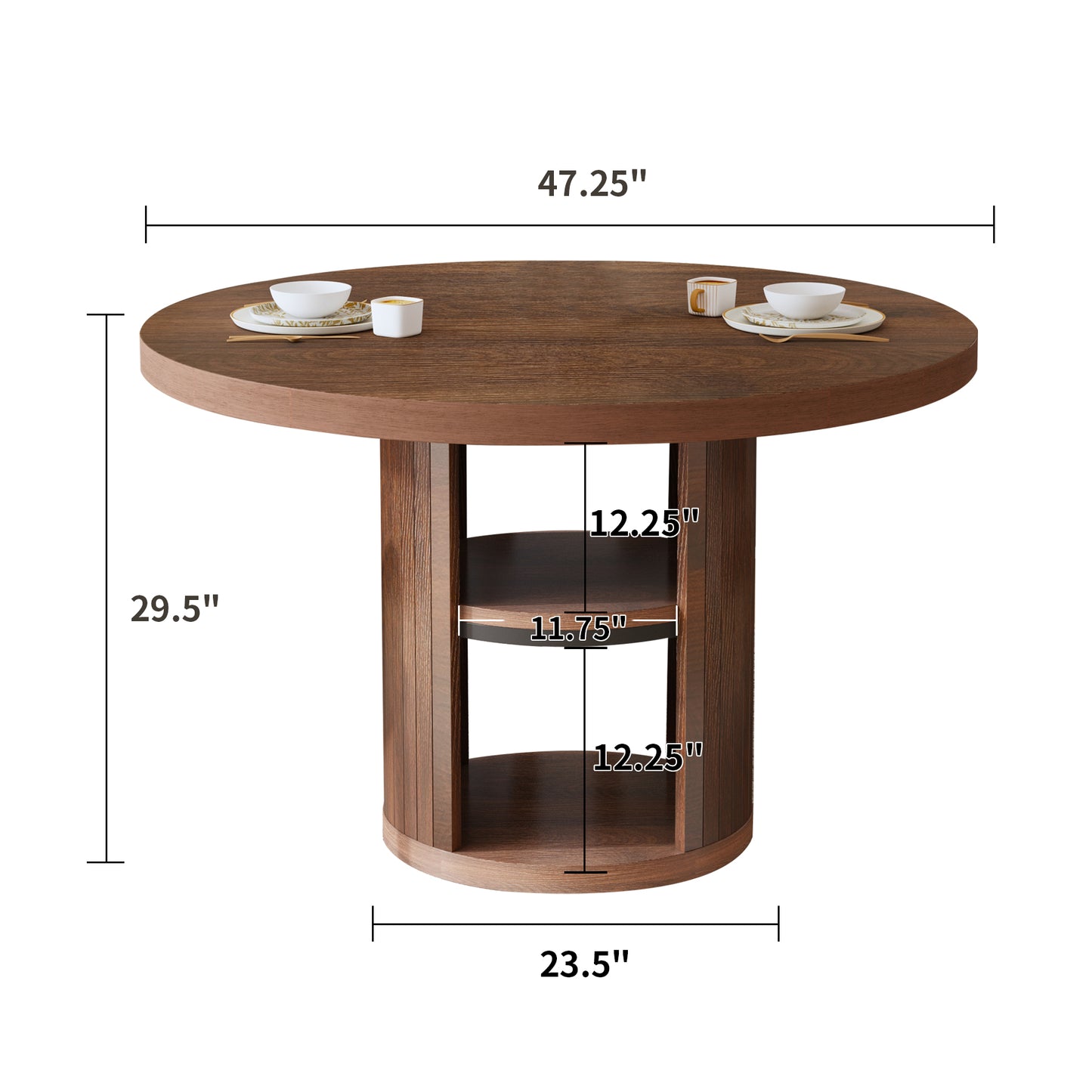 47-Inch Round Wood Dining Table with Open Storage Shelves for Dining Room, 4-6 People Farmhouse Circle Kitchen Dinner Tables with Fluted Design for Living Room, Apartments, Dark Brown Walnut