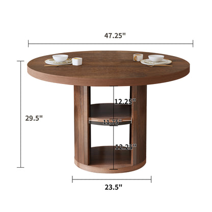 47-Inch Round Wood Dining Table with Open Storage Shelves for Dining Room, 4-6 People Farmhouse Circle Kitchen Dinner Tables with Fluted Design for Living Room, Apartments, Dark Brown Walnut
