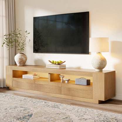 86-in Fluted TV Stand for Living Room with LED Lights, Light Oak Modern Media Console with 3 Drawers & Open Shelves, Large Entertainment Center for TVs up to 85 In for Living Room