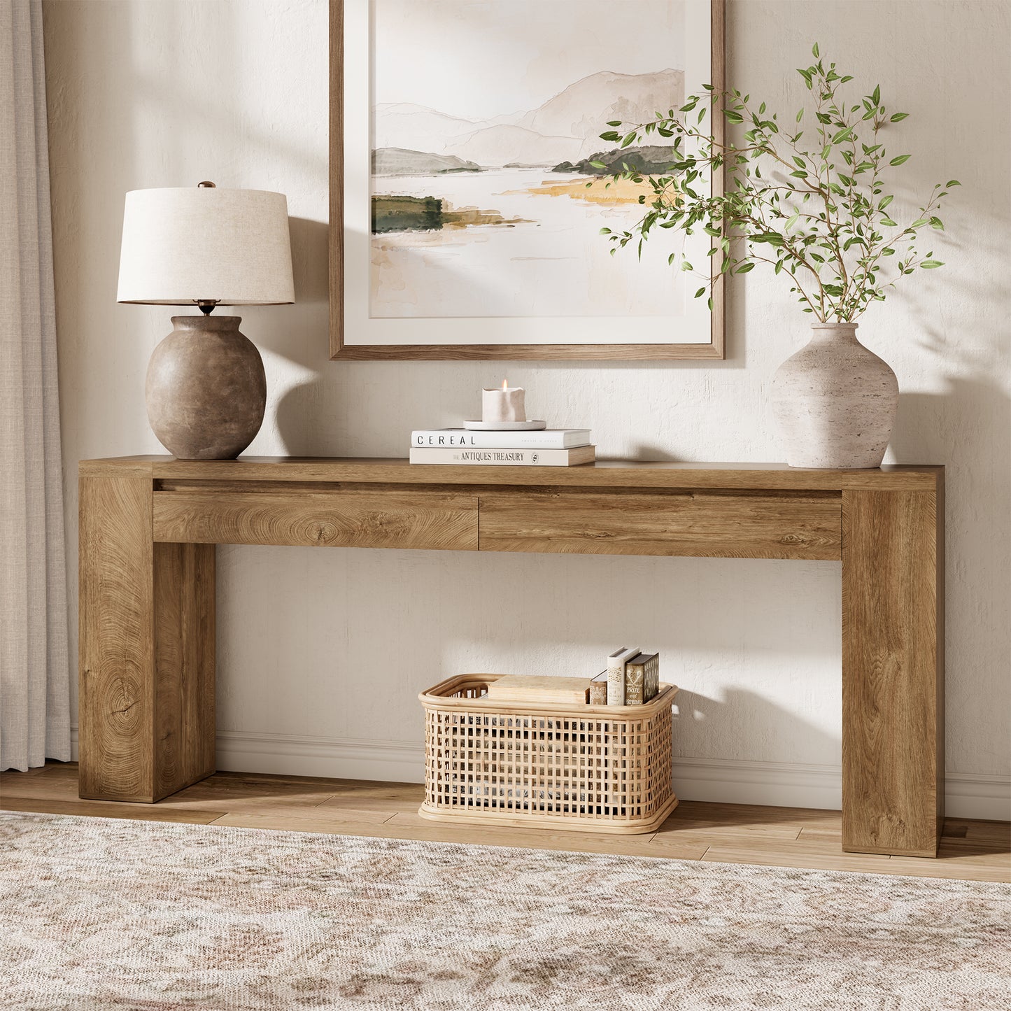 78 Inch Console Tables for Entryway with 2 Drawers Natural Oak | Farmhouse Behind Couch Table with Storage, Extra Long Entryway Table Design for Living Room, Hallway, Entrance