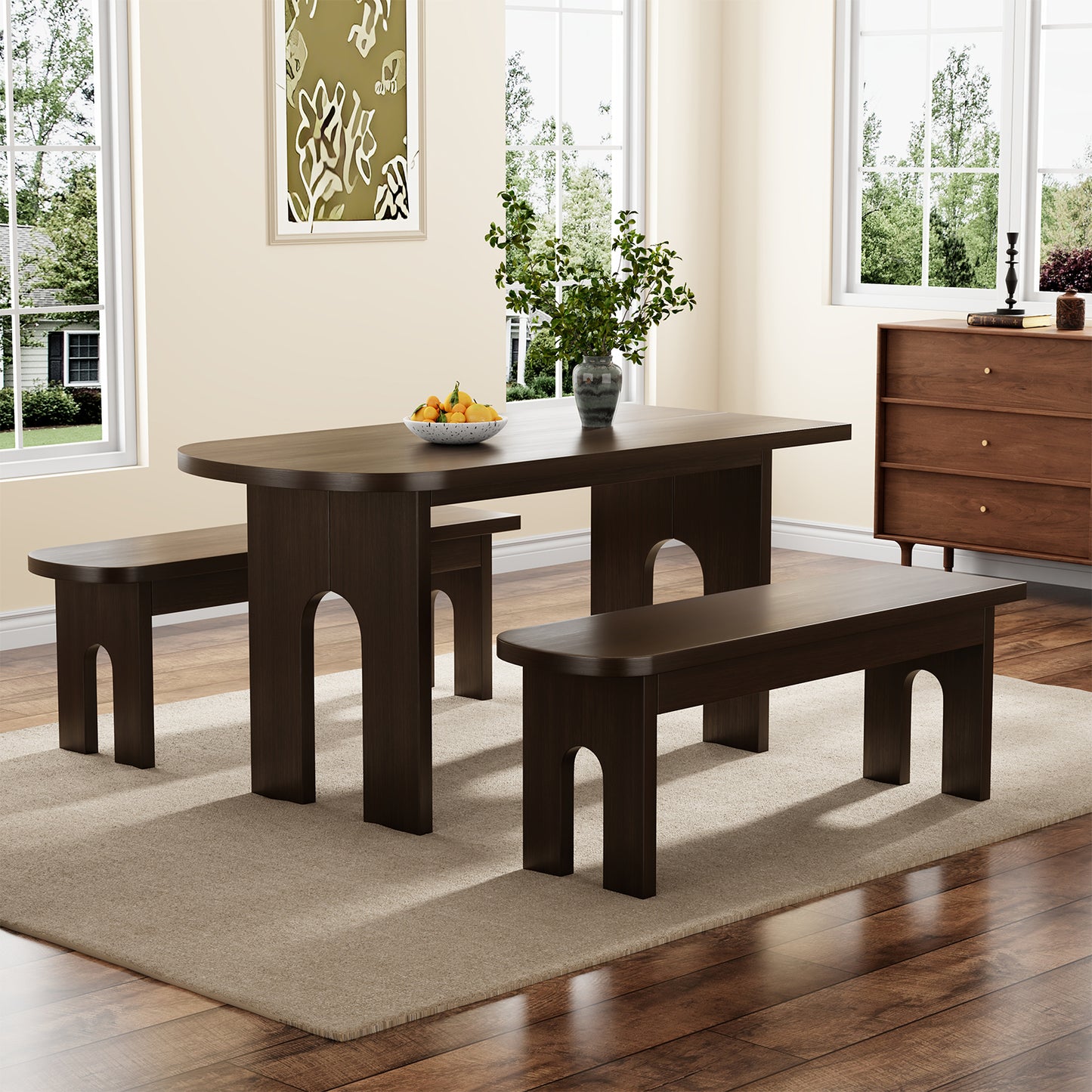 Dining Table with Stools for 4 Person, 55-inch Kitchen Wood Dinner Table Set with 2 Piece Benches Wooden Tabletop Dining Room Table for Living Room, Apartment, Retro Brown