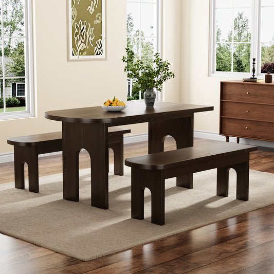 Dining Table with Stools for 4 Person, 55-inch Kitchen Wood Dinner Table Set with 2 Piece Benches Wooden Tabletop Dining Room Table for Living Room, Apartment, Retro Brown