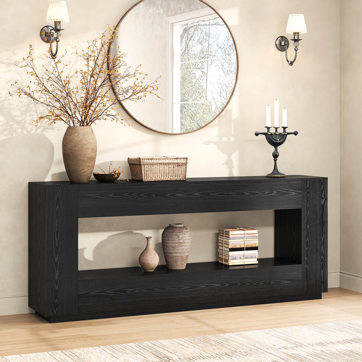 78 Inch Extra Long Console Table, 2-Tier Wood Entryway Table with Storage, Farmhouse Sofa Behind Couch Table for Entrance, Living Room, Foyer, Hallway, Black