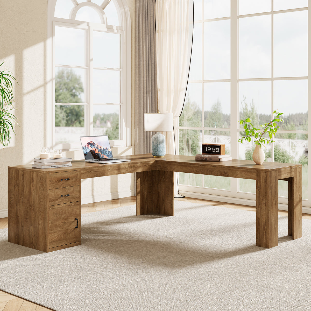 83" Farmhouse L Shaped Office Desk with Cabinet & Drawer, Oak Brown Wood Executive Computer Desk with Spacious Storage, Large Corner Workstation Ideal for Home Office