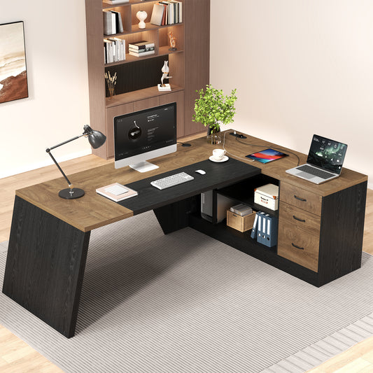 Epecoya L-Shaped Executive Desk with Drawer, Large Modern Home Office Desk with Cord Hold and Power Outlet, Big Wooden Business Furniture with Lateral File Cabinet for CEO Boss, Oak Black