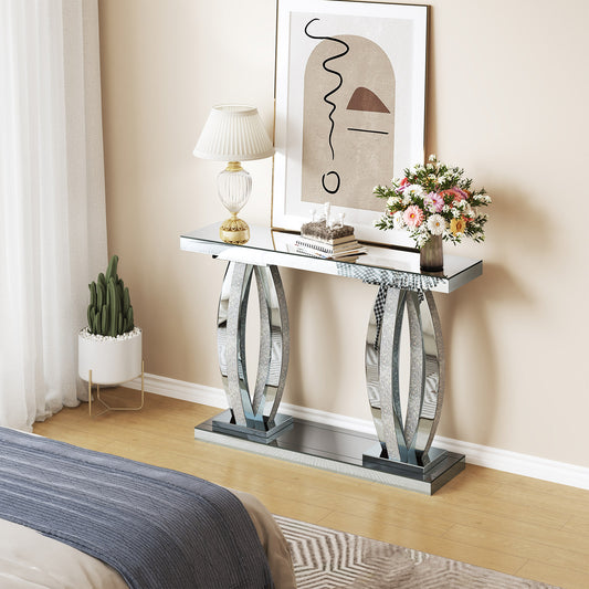 47-Inch Modern Mirrored Console Table with Crushed Diamond Finish for Living Room Entryway, Contemporary Mirror Sofa Tables with Silver Glass Top for Hallway Behind Couch, Silver