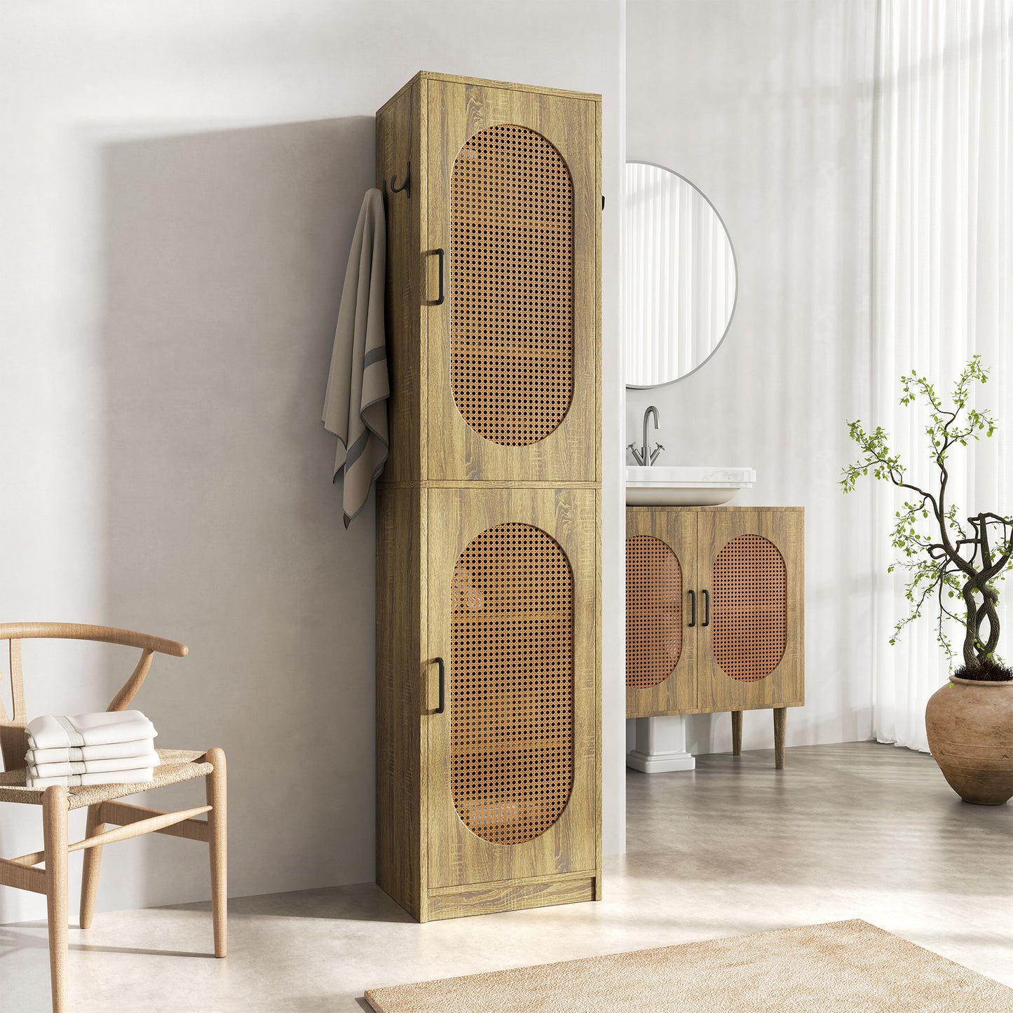 66-Inch Bathroom Storage Cabinet with 2 Rattan Doors for Toilet, Tall Narrow Bath Room Cabinets, Slim Wooden Floor Storage Cabinets with Adjustable Shelves and 4 Hooks for Restroom, Brown