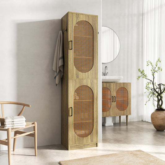 66-Inch Bathroom Storage Cabinet with 2 Rattan Doors for Toilet, Tall Narrow Bath Room Cabinets, Slim Wooden Floor Storage Cabinets with Adjustable Shelves and 4 Hooks for Restroom, Brown