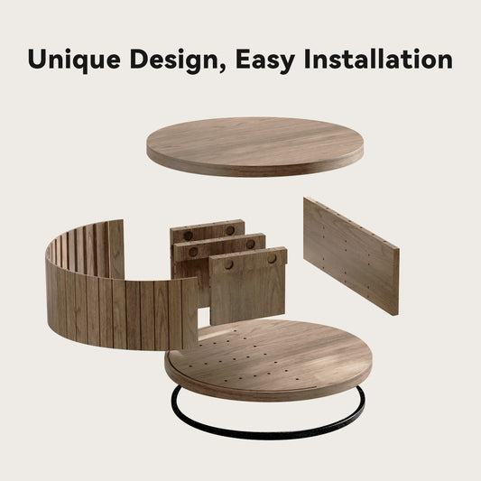 31-Inch Round Coffee Tables for Living Room, Wood Center Tea Tables with Open Shelf, Aesthetics Fluted Circle Coffee Table with Storage for Home Office, Natural Oak Brown