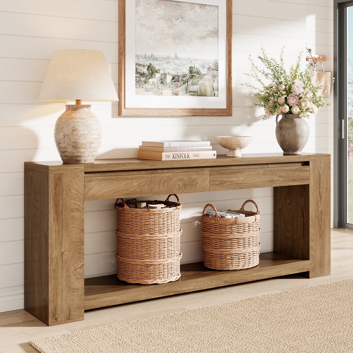 Extra Long Console Table 78 Inch, Sofa Table with Drawers and Shelf | 2 Storage Drawers | Open Shelf | Oak Brown | Farmhouse Sofa Table | Modern Entryway Table | Living Room, Entryway, Hallway