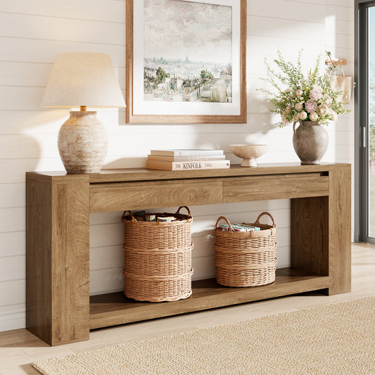 Extra Long Console Table 78 Inch, Sofa Table with Drawers and Shelf | 2 Storage Drawers | Open Shelf | Oak Brown | Farmhouse Sofa Table | Modern Entryway Table | Living Room, Entryway, Hallway