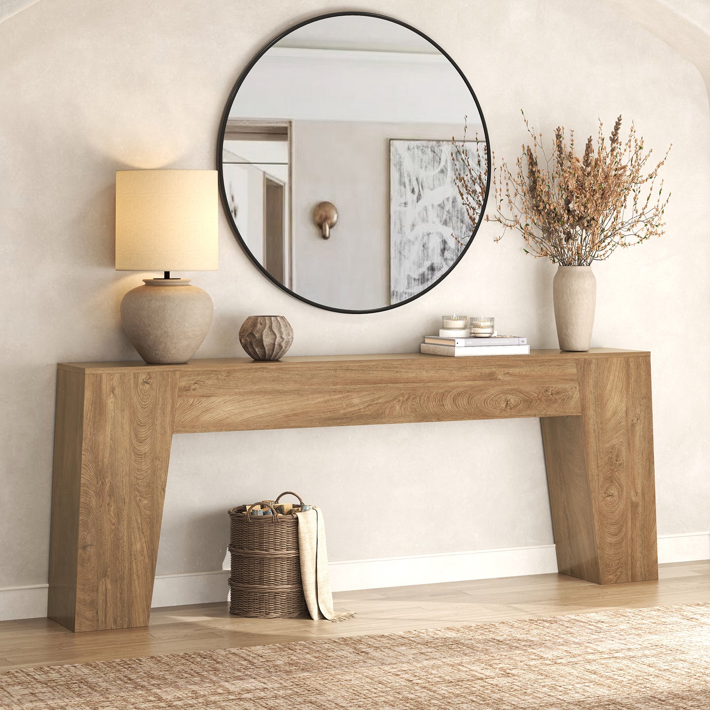 Epecoya Extra Long Sofa Console Table for Entryway, 78-Inch Large Farmhouse Wood Behind Couch Table, Modern Trapezoid Accent Entrance Table for Foyer Living Room Hallway Home, Natural Oak Brown