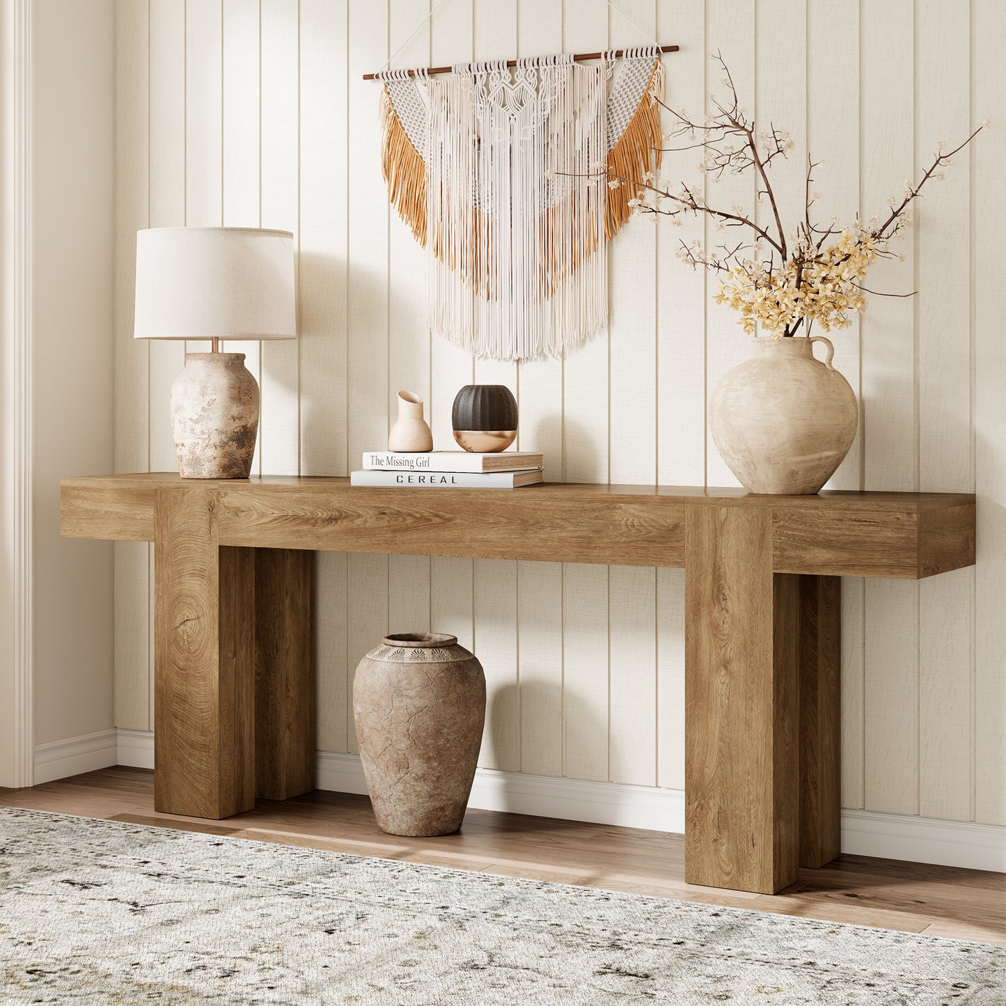 86.77-Inch Extra Long Console Table, Wood Entryway Table, Large Farmhouse Sofa Table Behind Couch for Living Room Hallway, Walnut Style
