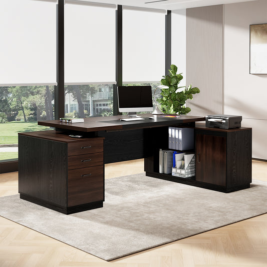 Epecoya L Shape Executive Desk with Drawers and Storage Cabinet, Wooden Executive Office Desk for Home, Large Computer Table with Lateral File Cabinet for Studio, Dark Brown Black