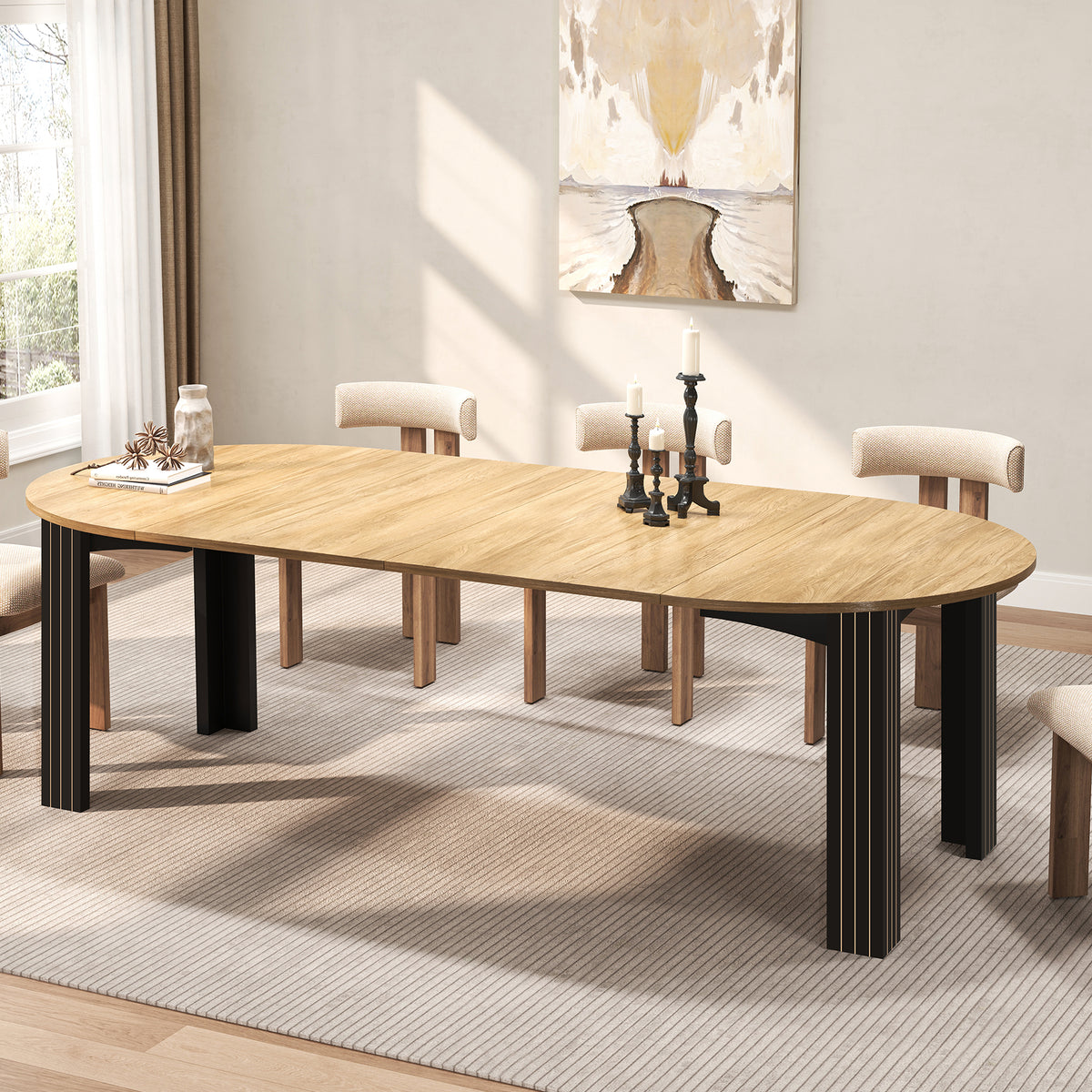 43-Inch Extendable Round Dining Table for 6-8 People, Light Oak Wooden Kitchen Table with Leaf 43"-78", Expandable Oval Dining Table with Black Legs for Dining Room, Apartment