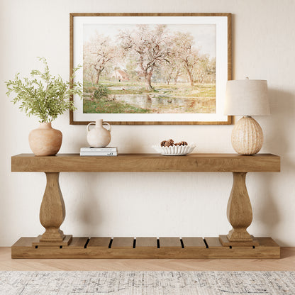 70 Inch Wood Console Table for Entryway, Extra Long Sofa Table Behind Couch, Rustic Farmhouse Entry Style with Bottom Shelf and Vintage Curved Legs for Living Room, Hallway