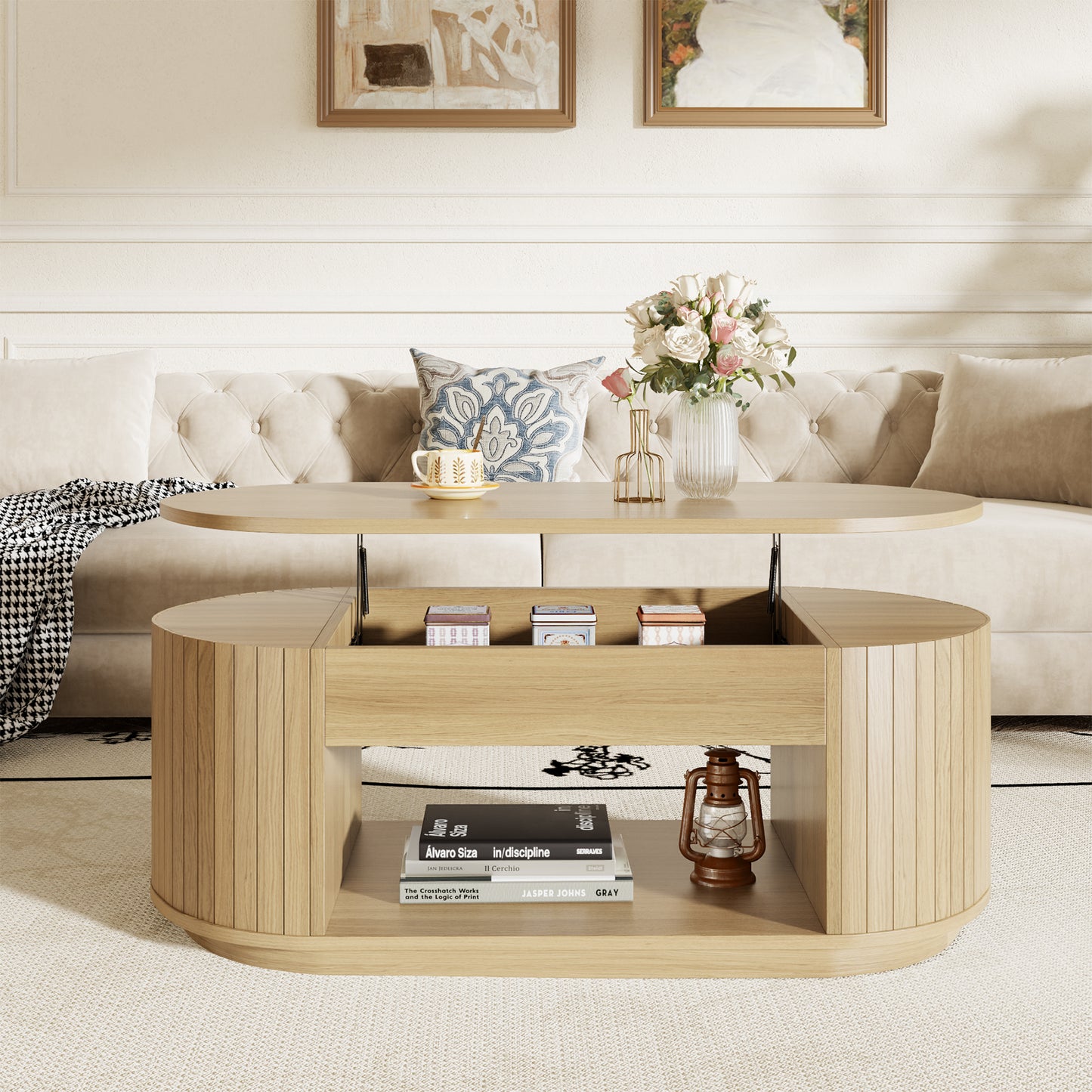 Oval Lift Coffee Table, 43 Inch Lift Top Coffee Table with Storage for Living Room, 2-Tier Rustic Lift Up Tabletop Mid Century Center Tables with Hidden Compartment for Apartment, Light Oak Brown