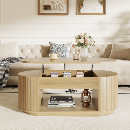 Oval Lift Coffee Table, 43 Inch Lift Top Coffee Table with Storage for Living Room, 2-Tier Rustic Lift Up Tabletop Mid Century Center Tables with Hidden Compartment for Apartment, Light Oak Brown