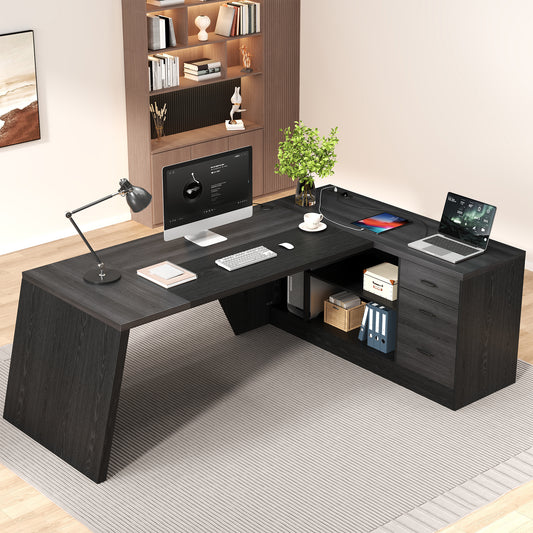 Epecoya 78 Inch L Shape Executive Desk, Large Modern Home Office Desk with Drawer and Cord Hold Management, Wooden Business Furniture for CEO Boss Manager, Black Gray