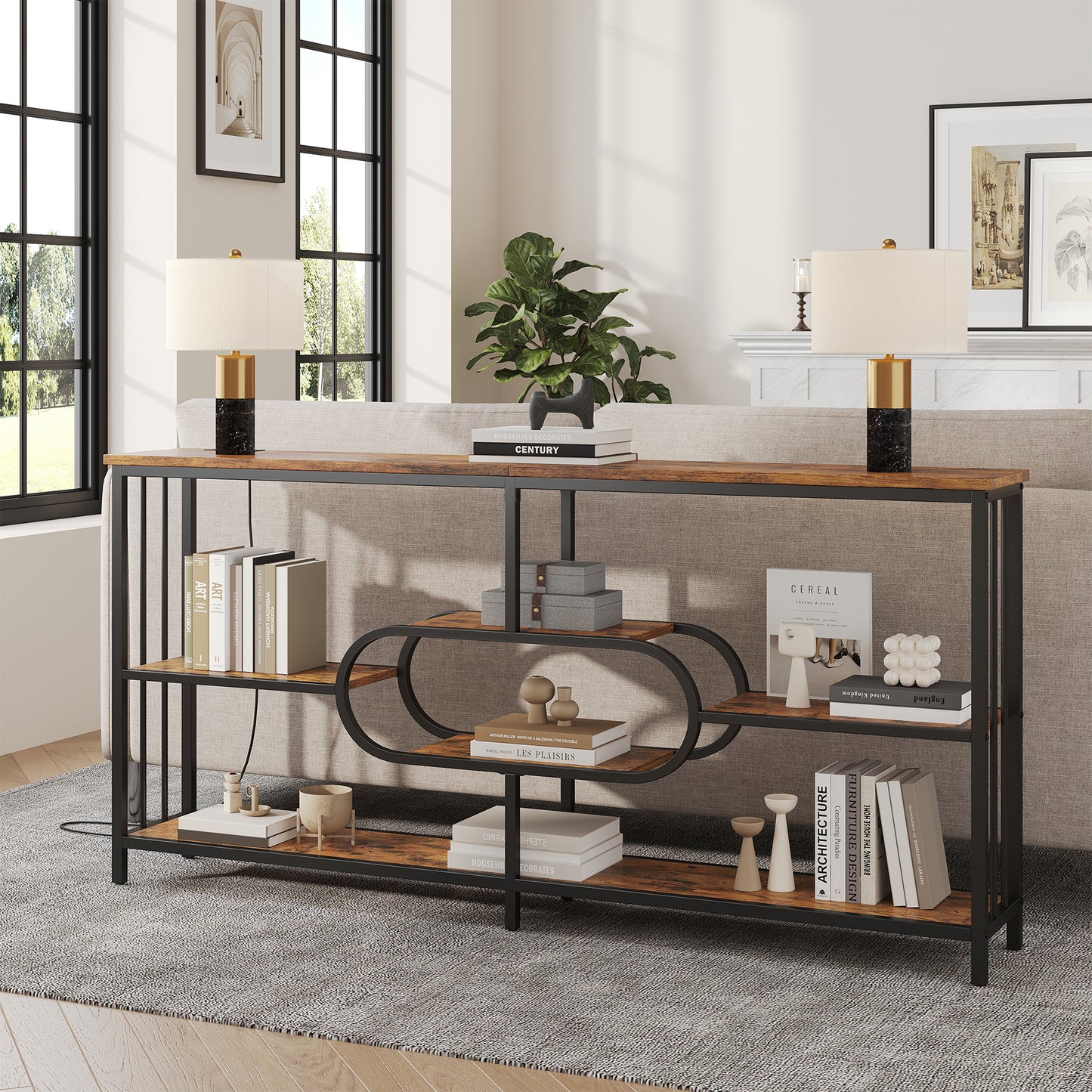 70.9-Inch Industrial Console Table with 3-Tier Shelves and Power Outlet for Living Room Entryway, Long Sofa Table with Metal Frame and Storage Shelf for Hallway Behind Couch, Rustic Brown