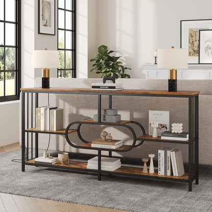 70.9-Inch Industrial Console Table with 3-Tier Shelves and Power Outlet for Living Room Entryway, Long Sofa Table with Metal Frame and Storage Shelf for Hallway Behind Couch, Rustic Brown