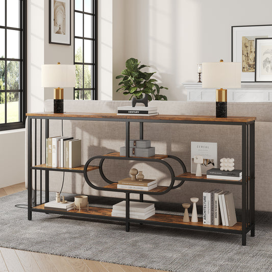 70.9-Inch Industrial Console Table with 3-Tier Shelves and Power Outlet for Living Room Entryway, Long Sofa Table with Metal Frame and Storage Shelf for Hallway Behind Couch, Rustic Brown