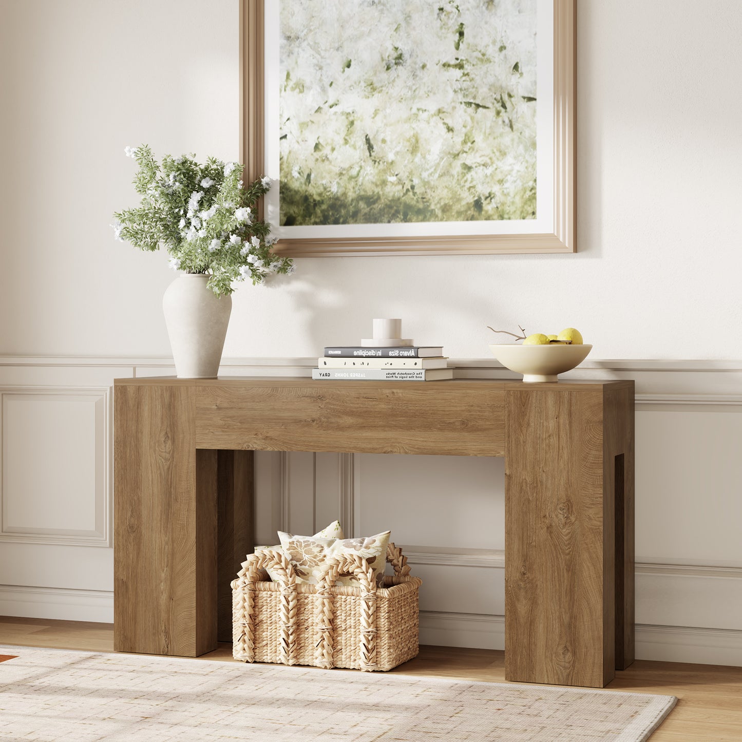 Epecoya 55-Inch Long Sofa Console Table for Entryway Living Room, Farmhouse Wood Behind Couch Table, Rectangular Accent Console with Wooden Double Base for Hallway Foyer Entrance, Natural Oak Brown