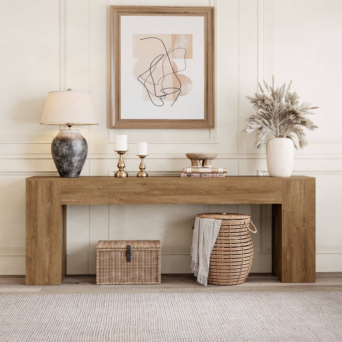 86-Inch Extra Long Console Table, Farmhouse Wood Entryway Table, Large Sofa Table Behind Couch for Hallway Entrance Living Room Accent, Natural Oak Brown