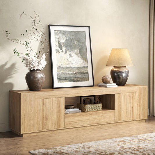 Light Wood Entertainment Center with Drawers, 78-Inch Modern TV Stands for Living Room, Farmhouse TV Console Cabinets with Open Section, Natural Teak