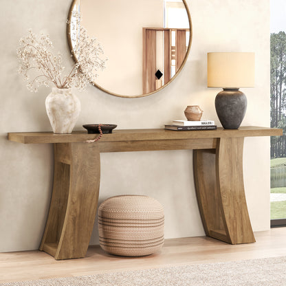 70.9-Inch Wood Console Table for Entryway Living Room, Extra Long Rectangular Natural Sofa Tables with Farmhouse Wooden Curved Base for Home Hallway Couch Foyer Entrance, Light Brown Oak