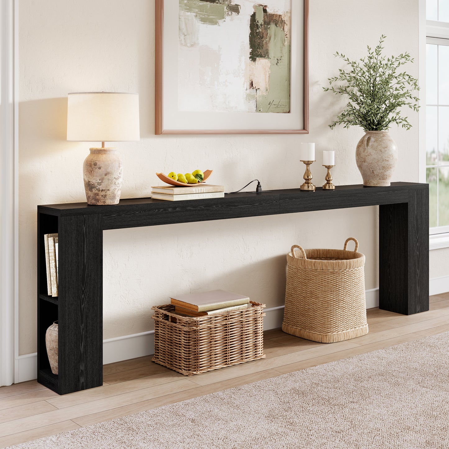 94.5" Narrow Console Table with USB Charging & Storage, Black | 94.5"Extra Long Slim, Behind Sofa Couch Table with Outlet, Black Wood Finish, for Entryway,Hallway, Easy Assembly