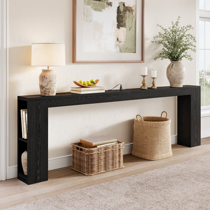 94.5" Narrow Console Table with USB Charging & Storage, Black | 94.5"Extra Long Slim, Behind Sofa Couch Table with Outlet, Black Wood Finish, for Entryway,Hallway, Easy Assembly