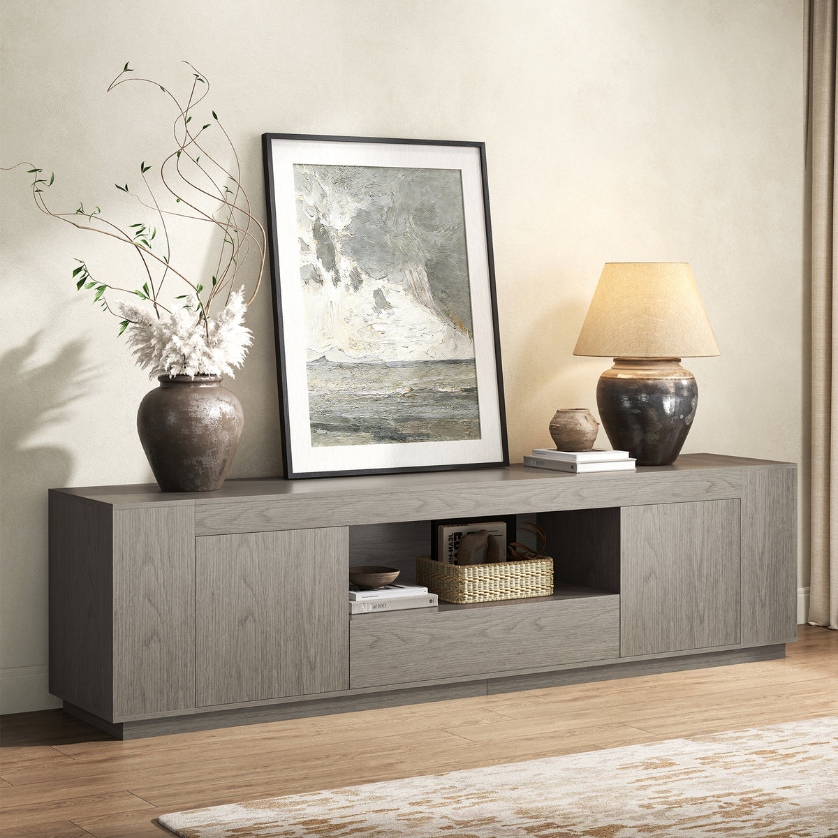 Grey TV Stands with Storage Cabinets, Wooden Media Console 78.7-Inch Long Entertainment Center, Farmhouse TV Consoles for Living Room, Apartment, Grey