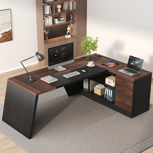 L-Shaped Executive Desk with Power Outlet, 78-Inch Large Office Desk with Storage Drawer and Lateral File Cabinet, Modern Computer Table with Open Shelf and PC Stand for Home Office Study, Brown Black