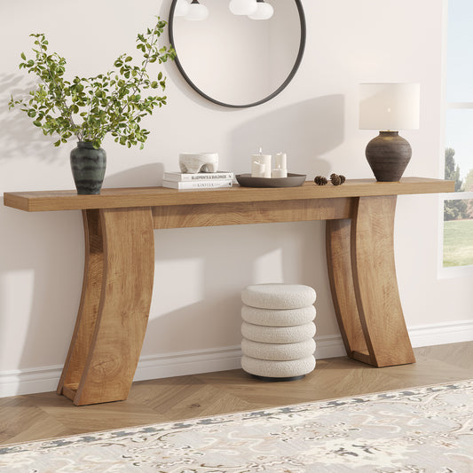 70.9-Inch Wood Console Table for Entryway Living Room, Extra Long Rectangular Natural Sofa Tables with Farmhouse Wooden Curved Base for Home Hallway Couch Foyer Entrance, Light Brown Oak