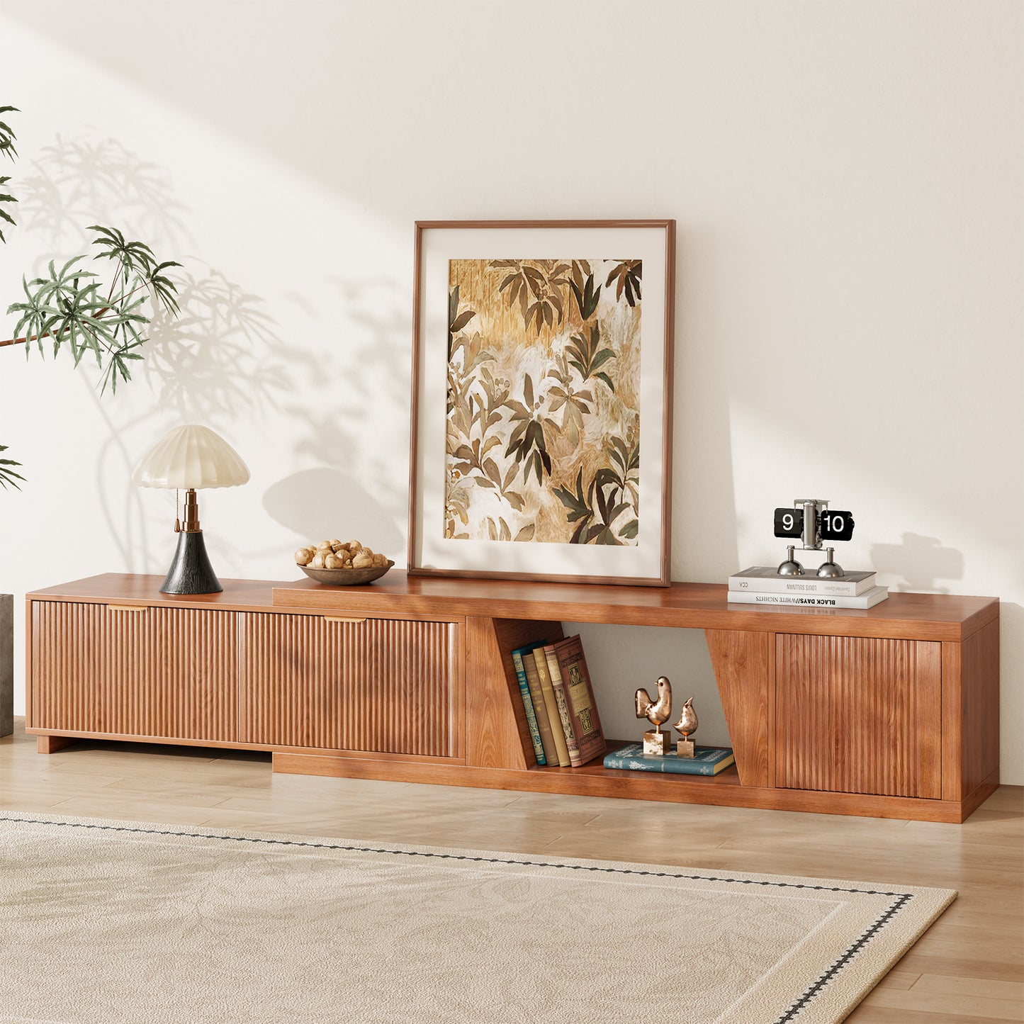 Epecoya Extendable TV Stand with Storage Cabinet Wooden, Mid Century Modern TV Stand with Adjustable Shelf and Drawers, Extra Long TV Stands for Living Room Fluted, Warm Brown Oak (64.57" W-98.43" W)