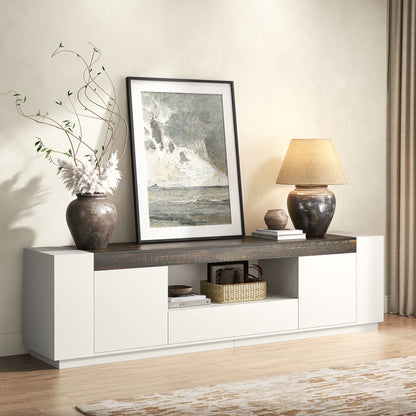 78.7-Inch Modern TV Console for Living Room, White & Brown Long TV Stand with Drawers and Open Shelf, White Entertainment Center with Brown Top for 85 Inch TV