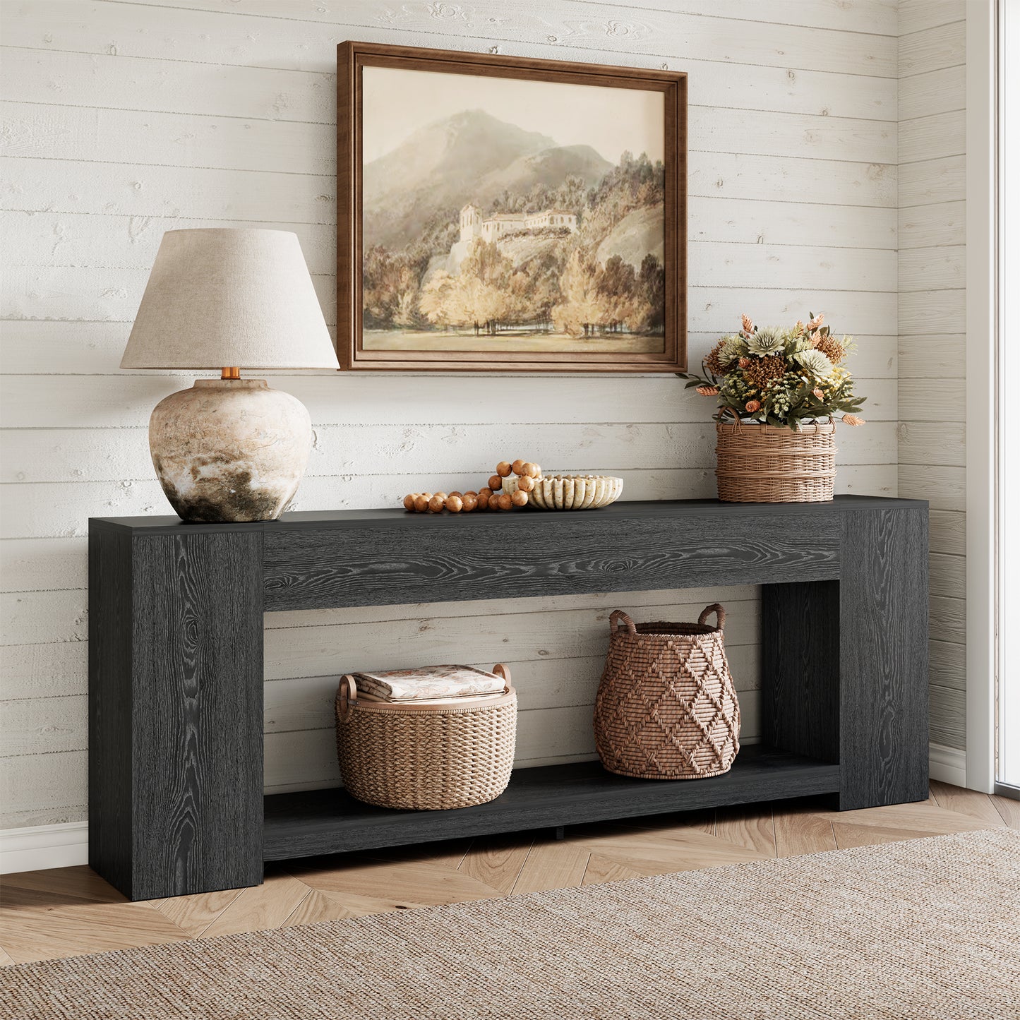 Extra Long Console Table for Entryway Black, 86-Inch Entryway Table with Storage Shelves, 2-Tier Modern Couch Table Behind Sofa for Living Room, Entrance, Black