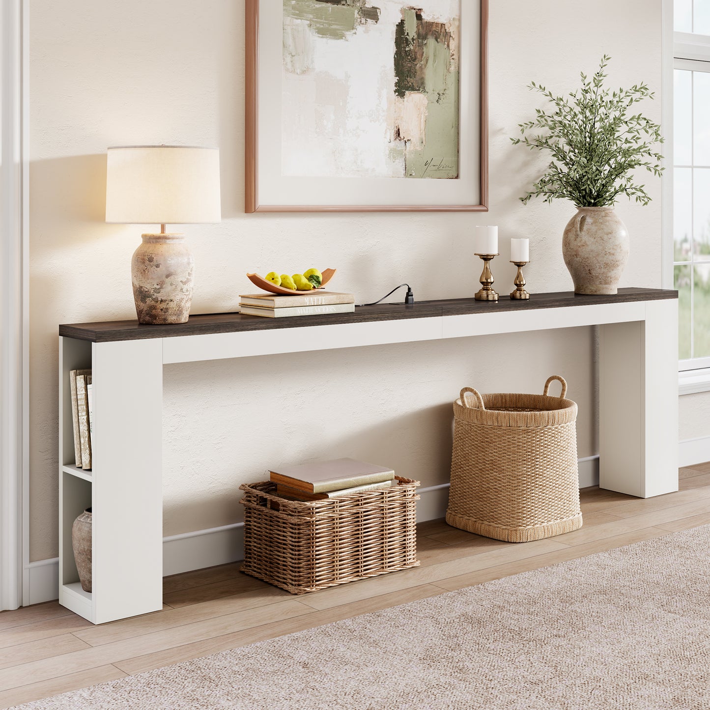 94.5" Narrow Console Table with USB Charging & Side Shelves, White | Extra Long Narrow Console, 94.5"L, Behind Sofa Table with Outlet & Storage Shelf, Skinny for Entryway Hallway