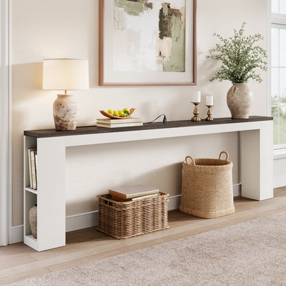 94.5" Narrow Console Table with USB Charging & Side Shelves, White | Extra Long Narrow Console, 94.5"L, Behind Sofa Table with Outlet & Storage Shelf, Skinny for Entryway Hallway